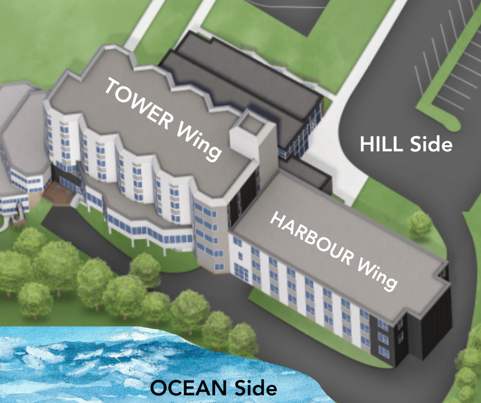 Diagram of Signal Hill Campus Accommodations, the Tower Wing and the Harbour Wing